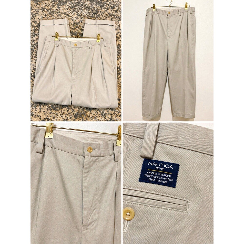 Nautica Men’s Beige Cotton Twill Chino Pants Classic Fit Pleated 40x30